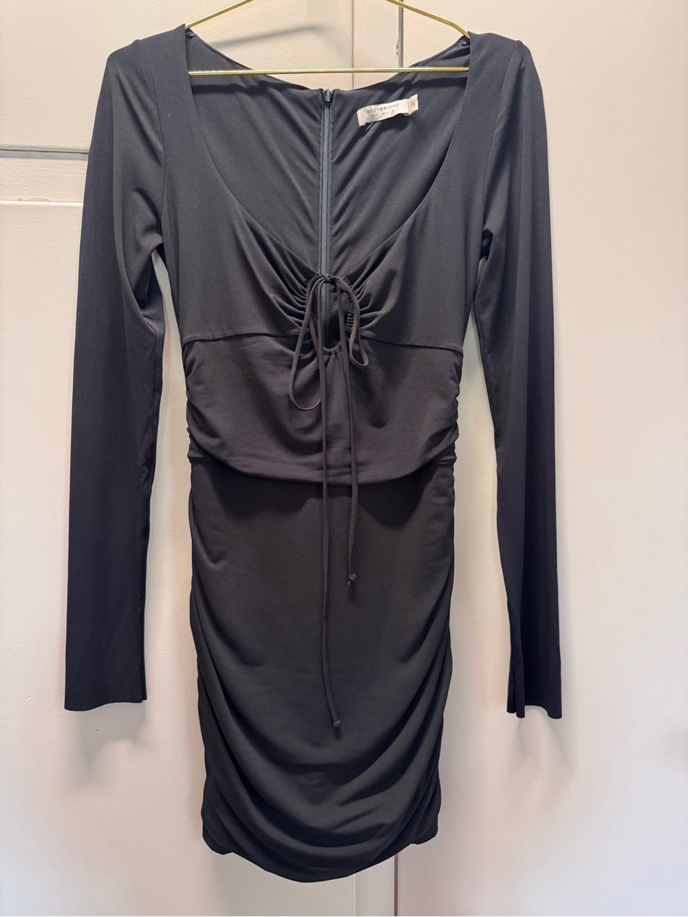 bec + bridge Black Long-Sleeve Ruched Tie-Front Mini Dress